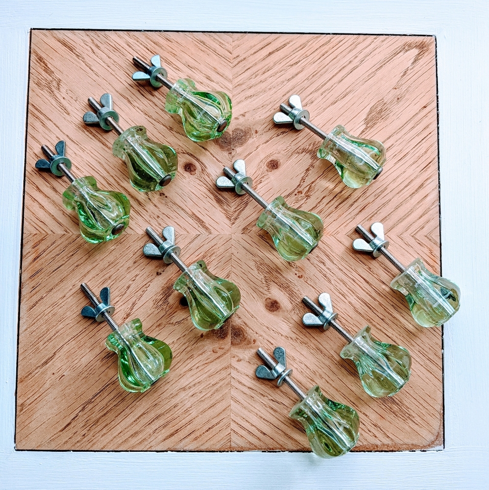 Set of 10 Vintage Green Glass Drawer Knobs